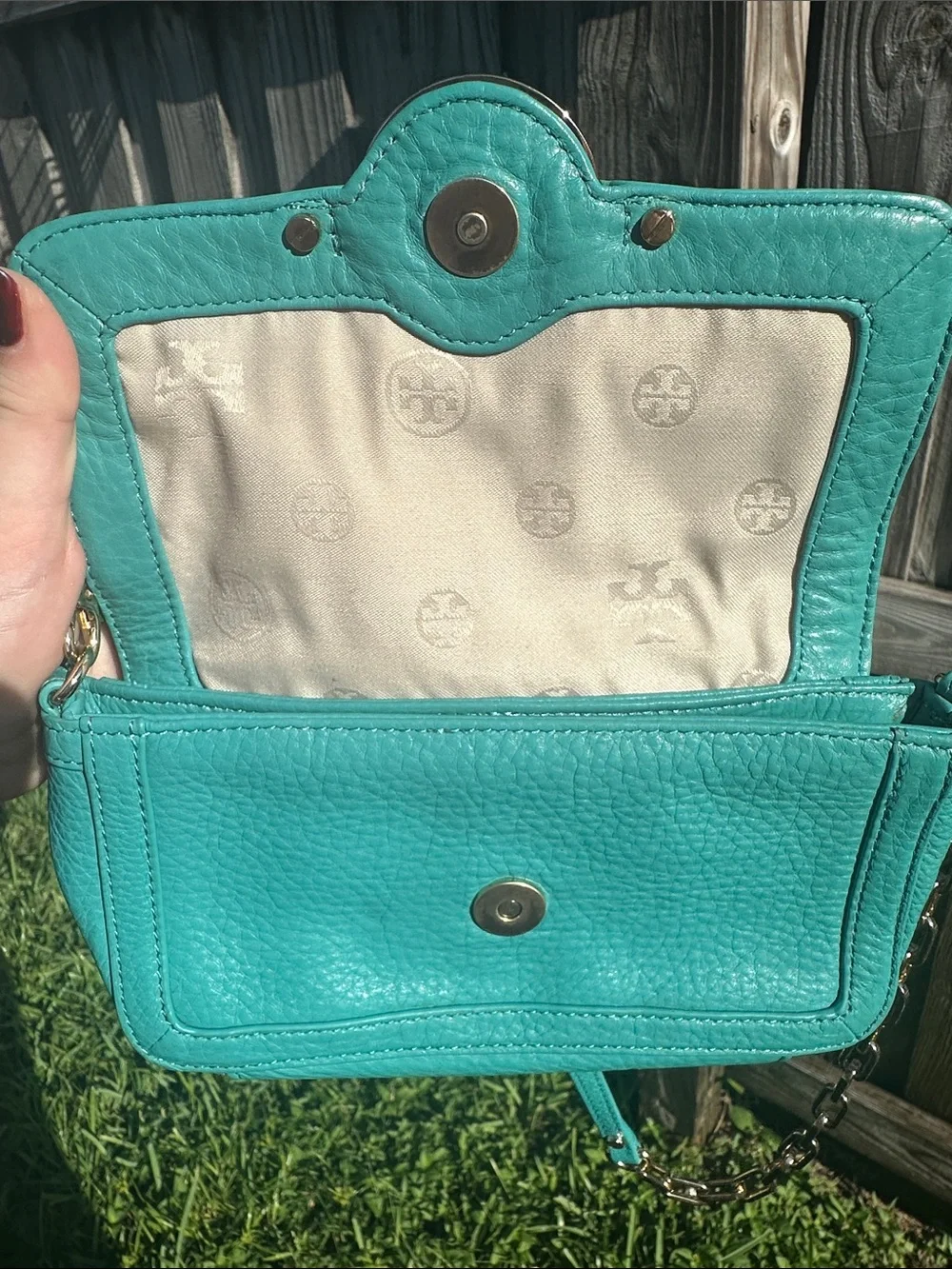 Tory Burch Turquoise Leather Crossbody with Gold Chain